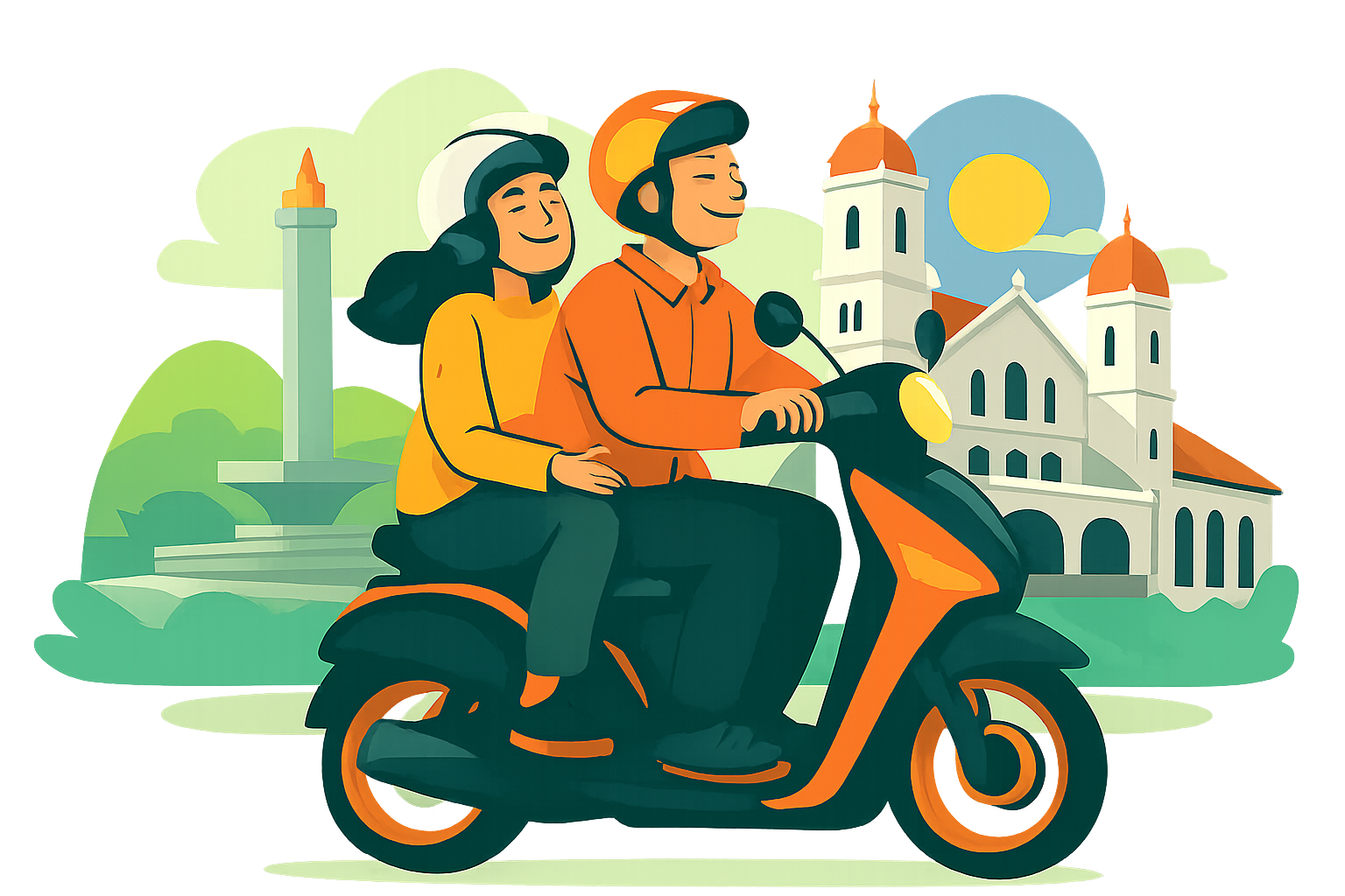 Pasangan boncengan motor menikmati Cengkareng